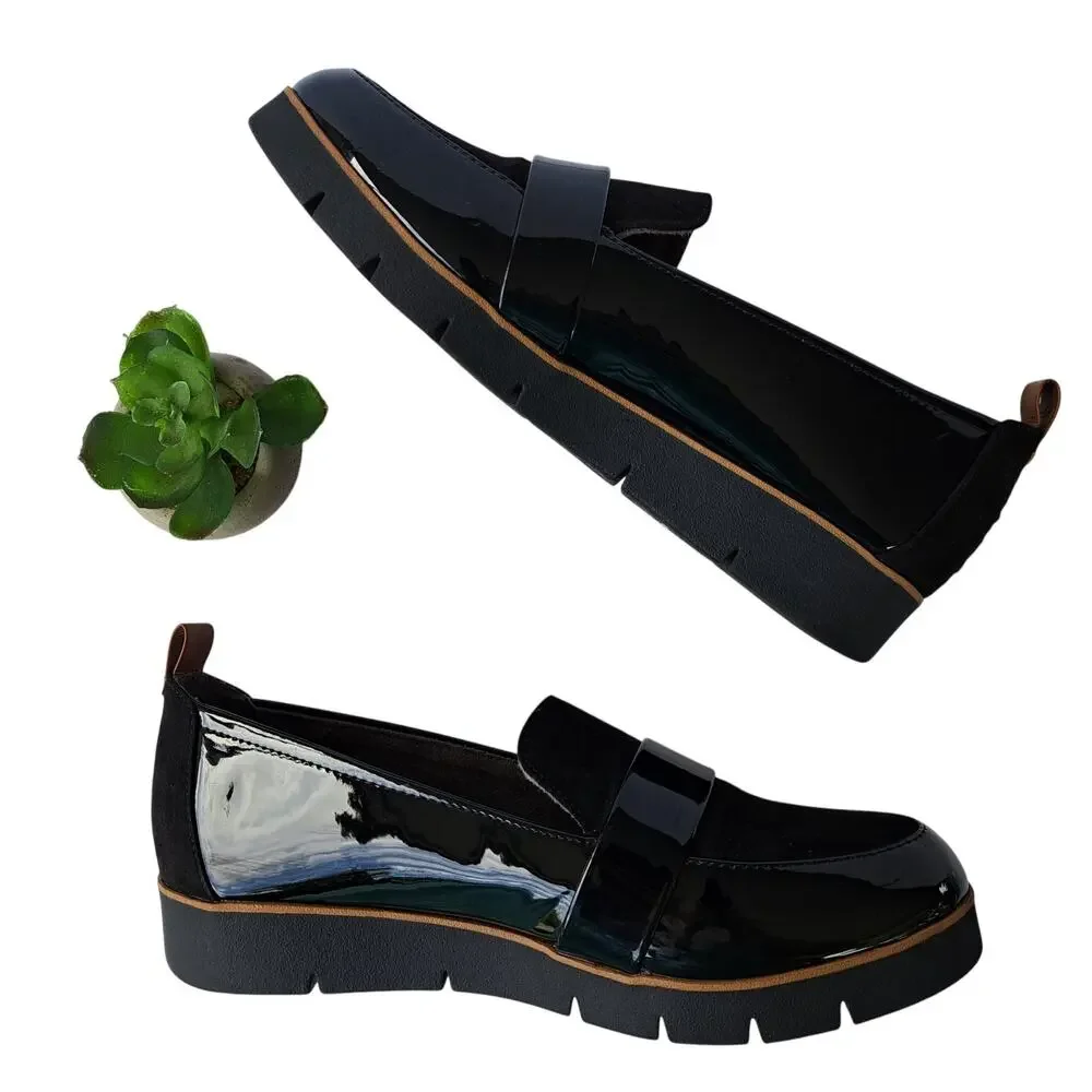 Dr. Scholl's Webster Slip On Platform Loafers Sz 9 Black Faux Patent/Microfiber